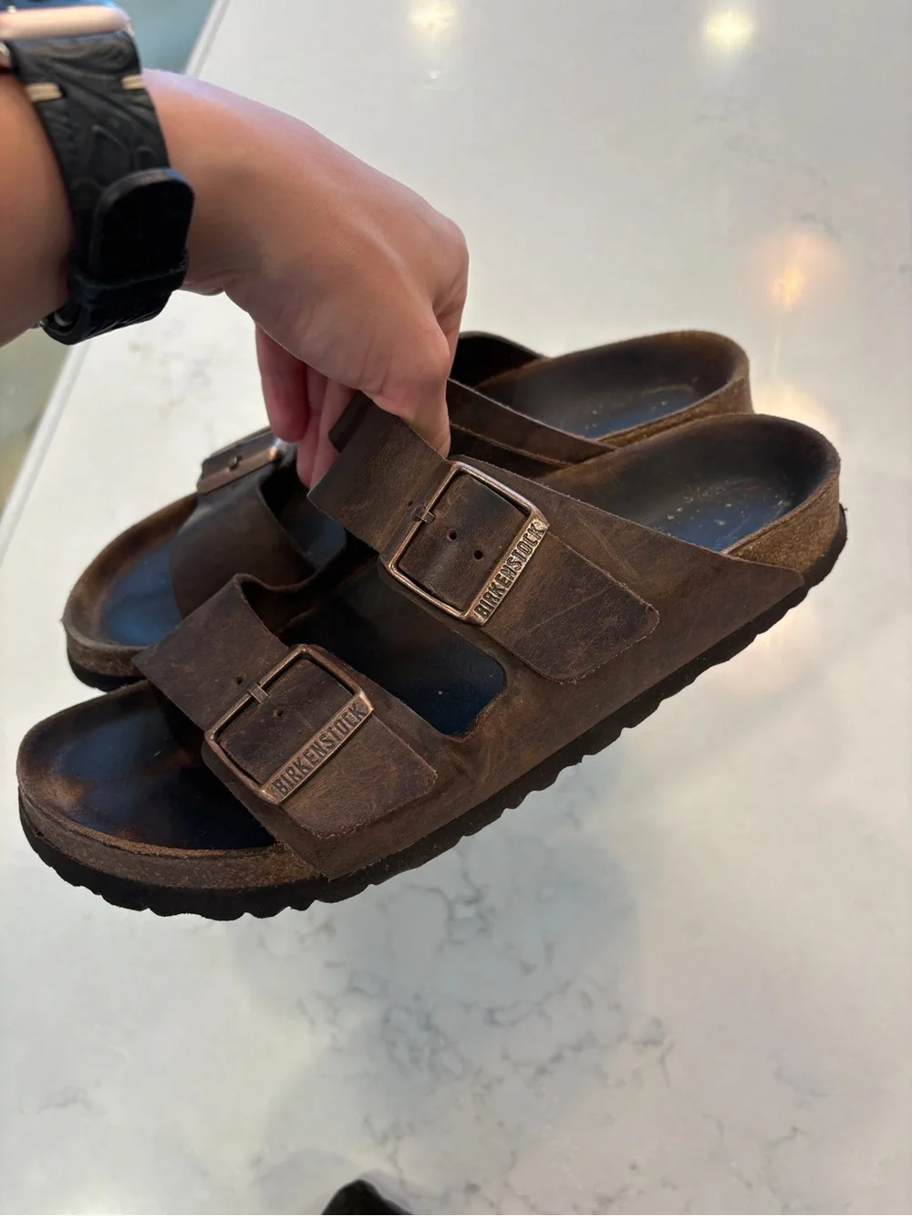 Birkenstock Arizona Two-Strap Sandals in Dark Brown leather